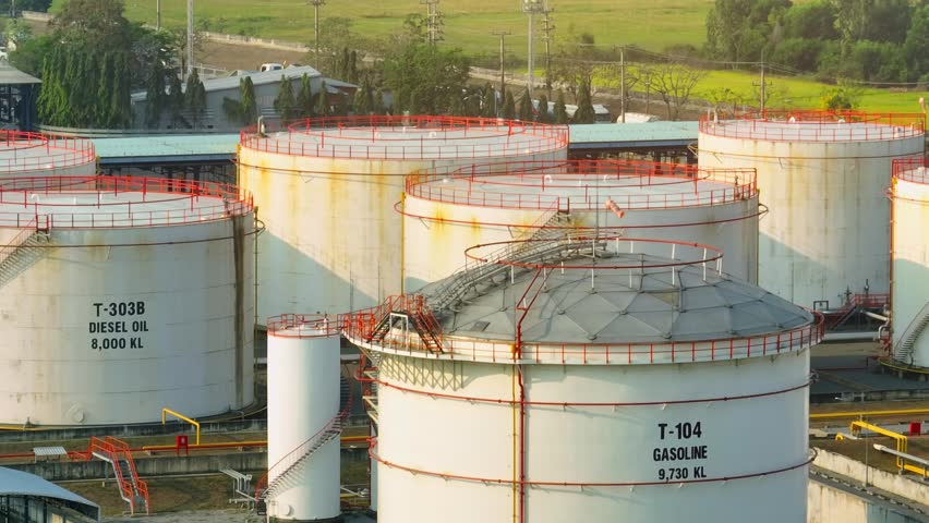Overhead drone view of oil storage infrastructure, reflecting how global demand for oil drives expansion of storage capacity and strategic energy planning.
