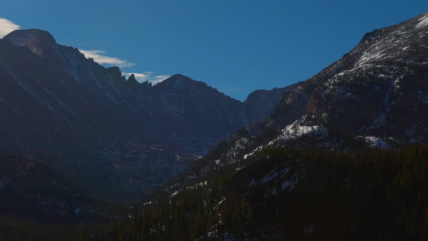 Morning Longs Peak Rocky Mountain National Park Colorado Estes Park nature panoramic landscape Bear Lake Trailhead Dream Emerald Lake view blowing snow shade blue sky clouds hiking trail pan left