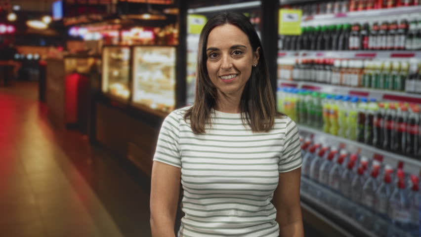 Woman points finger to beverage shelf inside a building, showing forefinger and smiling while looking at camera; friendly recommendation.
