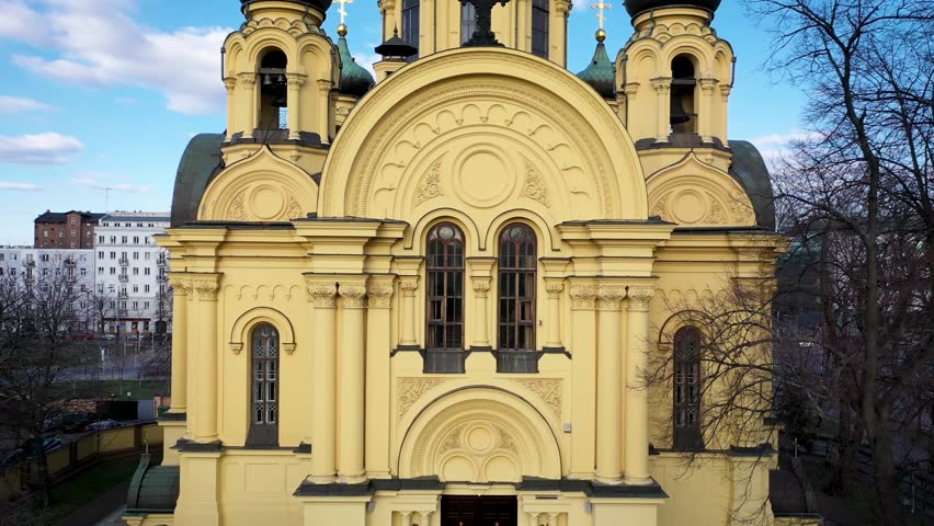 Drone footage of front facade of Mary Magdalene orthodox church in Warsaw, capital of Poland