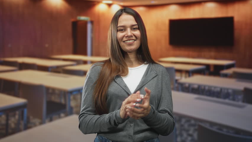 Young hispanic woman clasping hands near chin, smiling warmly in gray shirt in classroom building; hope joy.