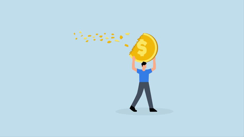 Depreciation, 4k animation of businessman disappeared as value of dollar decreased and the coins dissolved