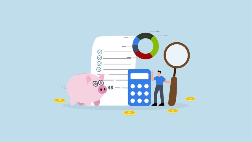 income management, 4k animation of Entrepreneur using magnifying glass to strategize budget calculations with calculator and graph