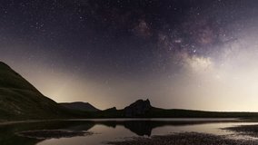 Beautiful night landscape , Milky Way  galaxy on the sky over the small lake and mountains Space, night scene time lapse. - Powered by Shutterstock - Get 15% off with code: PIKWIZARD15