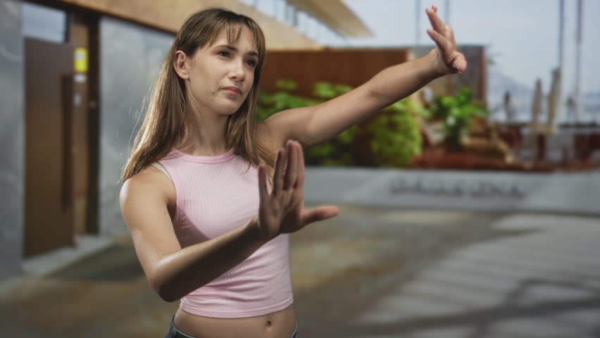 Young woman in pink tanktop showing navel while waving hand at sunlit house entrance with potted plants; contemplative solitude.