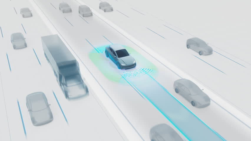 3D Animation of an Autonomous Car Illustrating Sensors and Advanced Cruise Control Capabilities. Self-Driving Car with Surrounding Traffic Awareness and Lane Keeping Technology. White Background