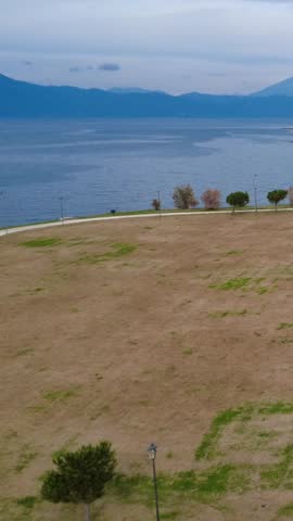 Aerial seaside land with dry grass path and calm sea horizon