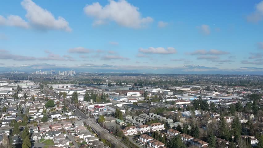 A View Of Residential Area Landscape In Surrey Neighbourhood In Metro Vancouver, British Columbia, Canada. Aerial Shot