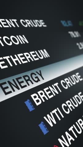 Close up of a digital market interface displaying energy commodities like Brent crude, WTI crude and natural gas with clean typography and modern UI styling on dark background.