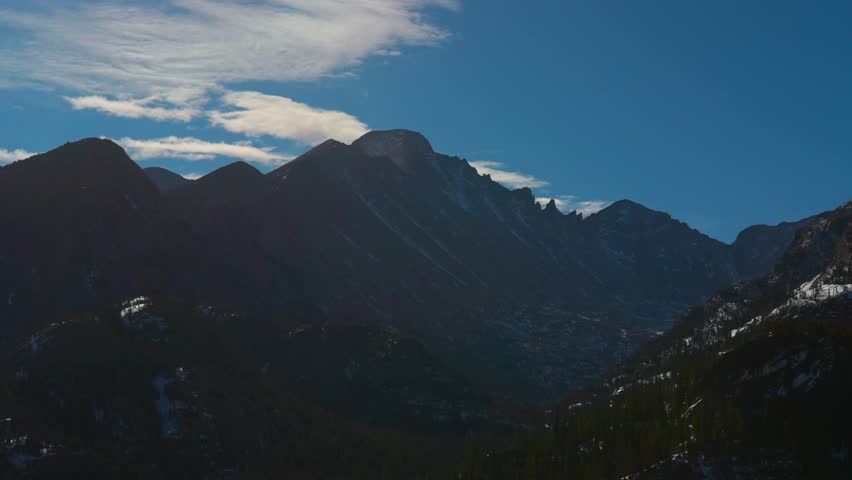 Morning Longs Peak Rocky Mountain National Park Colorado Estes Park nature panoramic landscape Bear Lake Trailhead Dream Emerald Lake view blowing snow shade blue sky clouds hiking trail zoom in