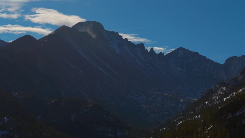 Morning Longs Peak Rocky Mountain National Park Colorado Estes Park nature panoramic landscape Bear Lake Trailhead Dream Emerald Lake view blowing snow shade blue sky clouds hiking trail static shot