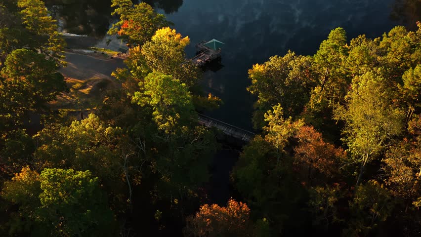 Entergy Park Fishing Dock Near Carpenter Dam In Hot Springs, Arkansas, USA. Aerial Shot