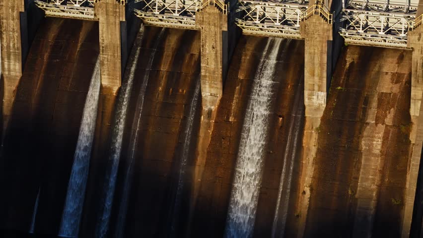 Spillway gates with water flowing down concrete face in warm golden glow light, aerial telephoto tracking along dam infrastructure