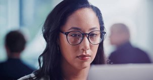Reading, glasses or woman in office with laptop, draft edit or proposal review for article update. Tech, flare or journalist in newsroom with specs, web research or proofreading for publication. - Powered by Shutterstock - Get 15% off with code: PIKWIZARD15