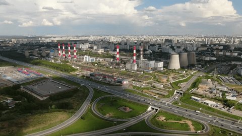 Side Drone Flight over Highway Industrial Power