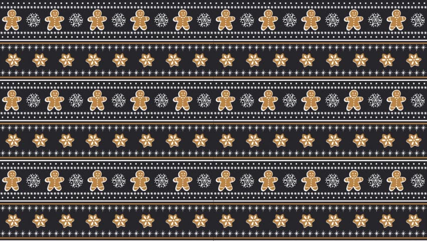 Christmas Cookies Striped Animated Pattern. Loop Geometric Background with Gingerbread Cookies. Gingerbread Man, Star, Snowflake, Stripe. Video in Brown White on Dark Blue
