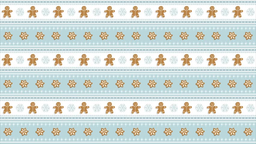 Christmas Cookies Striped Animated Pattern. Loop Geometric Background with Gingerbread Cookies. Gingerbread Man, Star, Snowflake, Stripe. Video in Brown, White, Light Blue
