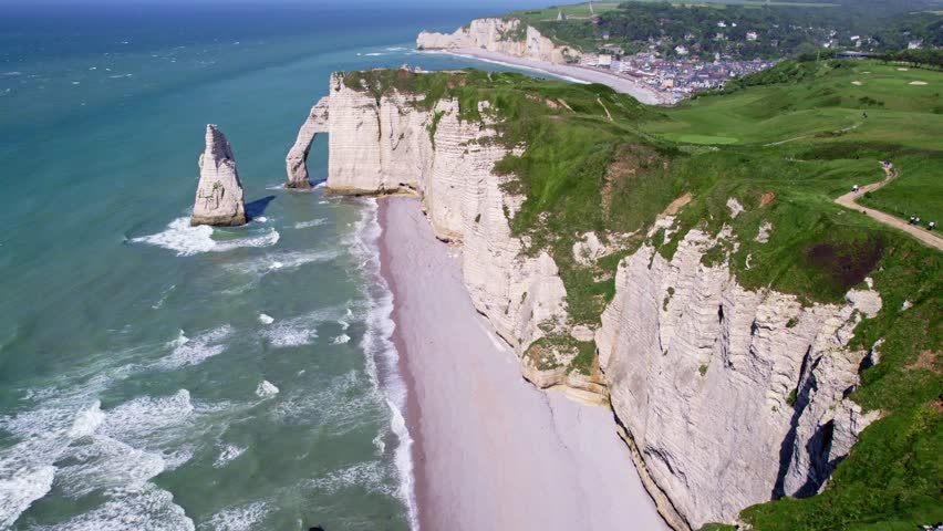 Aerial view towards the cliffs of Etretat, Normandy