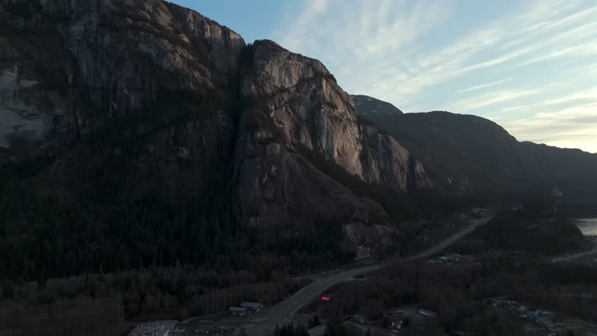 Stawamus Chief Provincial Park At Sunrise Near Squamish, British Columbia, Canada. Aerial Shot
