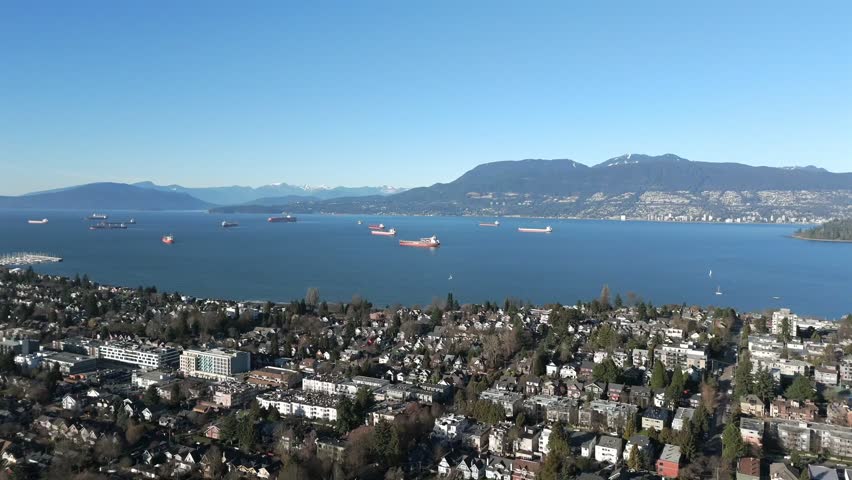Seafront Residential Neighbourhood Along English Bay In Kitsilano In Vancouver, Canada. Aerial Drone Shot