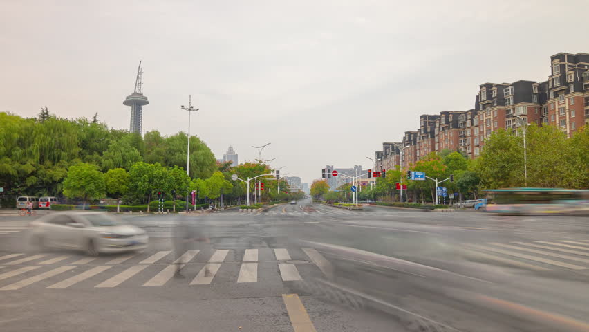 cloudy day nanjing city apartment residence stadium district traffic street crossroad panorama timelapse 4k china
