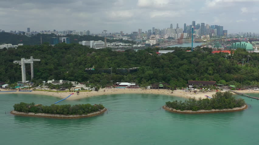 summer day singapore cityscape famous sentosa island beach aerial panorama 4k
