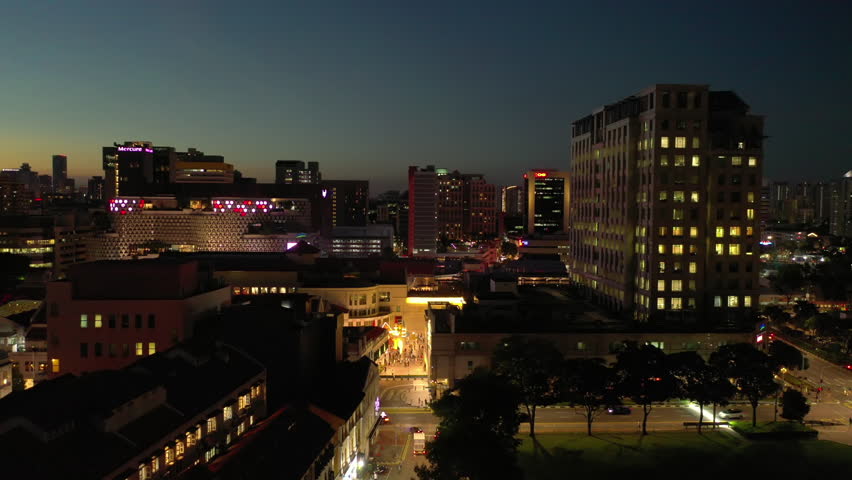 night time sunset sky singapore city center traffic street aerial panorama 4k