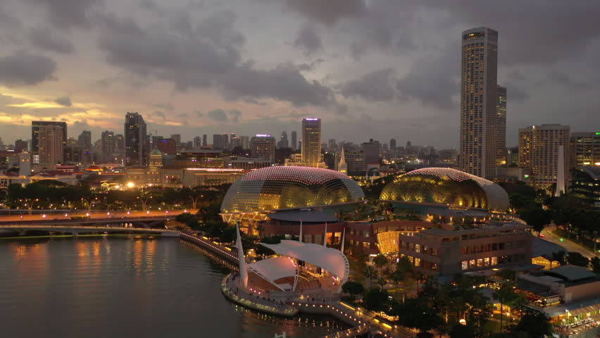 evening time night illumination singapore city downtown modern theater aerial panorama 4k