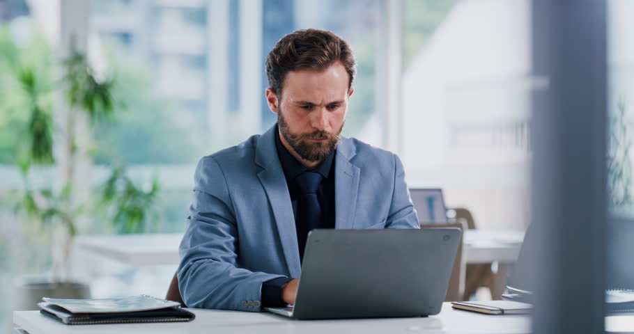 Review, typing or man in office with laptop, budget editing or insight for funding pitch. Reading, expense evaluation or finance consultant with tech, portfolio check or proposal ideas for investment