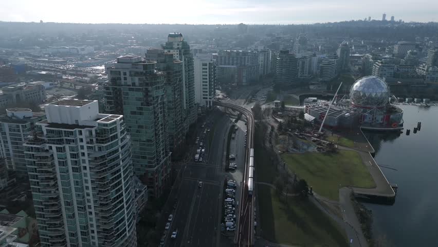 Creekside Park With The Science World Museum Along False Creek In Vancouver, British Columbia, Canada. Aerial Drone Shot