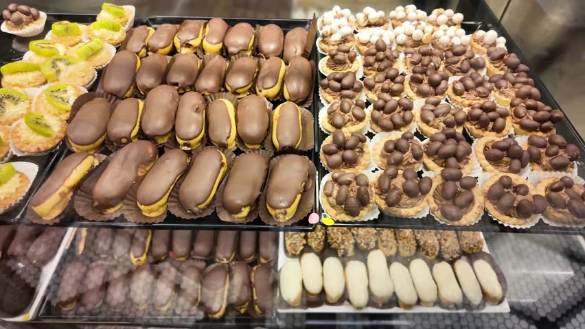 Assortment of delicious pastries and desserts arranged in a display case for sale.