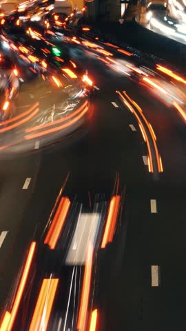Dynamic Night Traffic Light Trails. Vertical Time Lapse