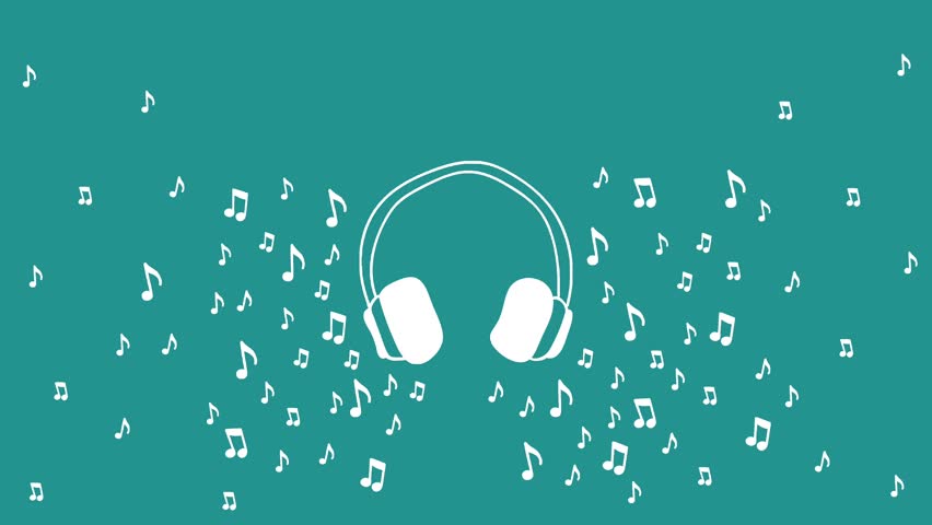 dynamic animation of a white line art drawing of headphones on a teal background with musical notes floating around, an upbeat motion graphic
