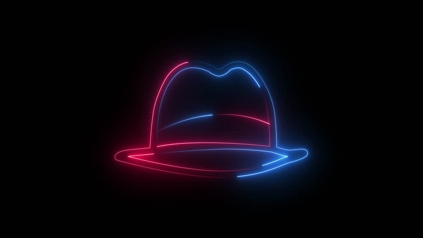 Glowing red and blue neon outline of a classic fedora hat isolated on a solid black background.
