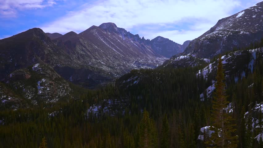 Longs Peak 14er Rocky Mountain National Park sunny blue sky clouds Colorado Estes Park nature panoramic landscape Bear Lake Trailhead Dream Emerald Lake view blowing snow wind hiking trail static shot