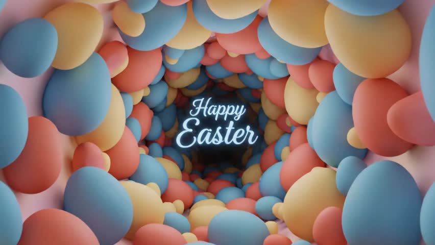 Colorful Easter eggs in a tunnel with happy Easter text