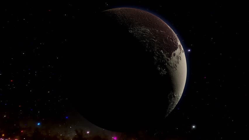Cinematic slow orbit around Pluto, the icy dwarf planet in the Kuiper Belt. High-quality realistic 3D render starting from the night side with about 70% in shadow, slowly rotating to reveal a stunning sunlit crescent from the right. The dramatic backlighting highlights Pluto