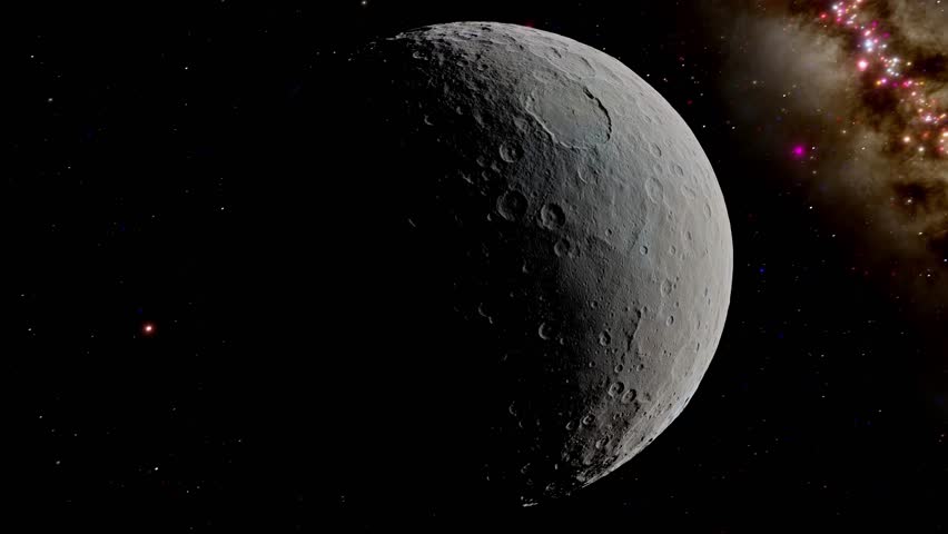 Cinematic slow orbit around Ceres, the largest object in the main asteroid belt and the only dwarf planet in the inner Solar System. High-quality realistic 3D render showcasing its heavily cratered dark surface and the famous bright spots (faculae) located inside the Occator crater. 4K Ultra HD 60FPS. Perfect for asteroid belt exploration, astronomy, planetary science, and deep space documentary projects.