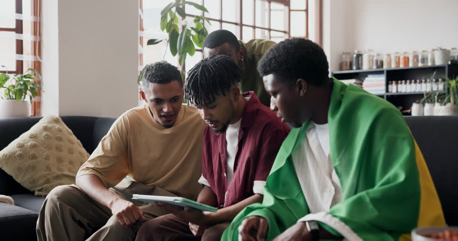Tablet, friends and celebrate with Brazil flag in home for sports game, handshake or applause. Tech, watch match or win with men, high five or fist pump for competition success with excited fans