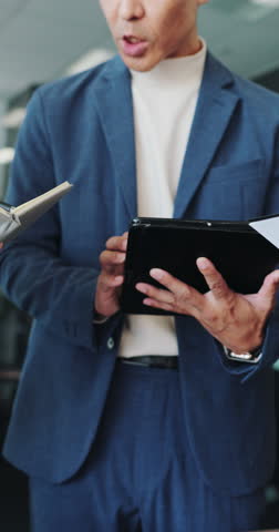 Tablet, meeting and hands of business people planning, review report or insurance policy. Team, tech or broker in workplace for discussion of agenda, risk management or corporate coverage in Japan