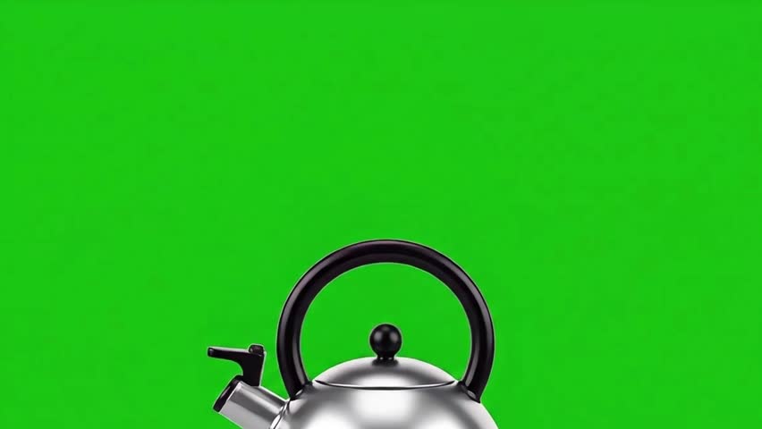 A close-up shot of a shiny metal tea kettle with a black handle, isolated on a vibrant green screen background.