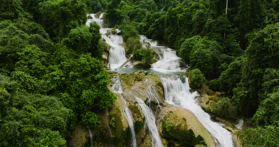 Drone view of waterfalls that so-called stairway to heaven, the Aliwagwag Falls. Mindanao, Philippines.