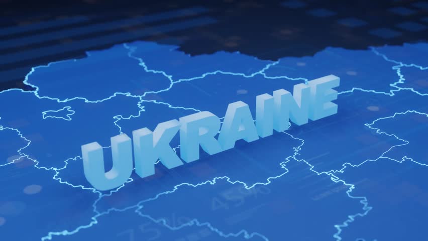 Ukraine Map Futuristic Digital Background. A dynamic animation of Ukraine's map with glowing text and futuristic UI elements. Ideal for local business, news, and tech.