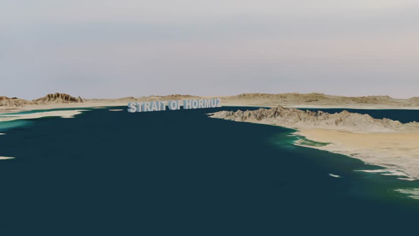 A 10-second 3D satellite-style visualization featuring a camera move starting from a distance and flying over the Strait of Hormuz. The footage highlights the strategic waterway between Iran and Oman, showing the Musandam Peninsula and the narrow passage used for global oil shipping. High-resolution terrain and deep blue water textures.
