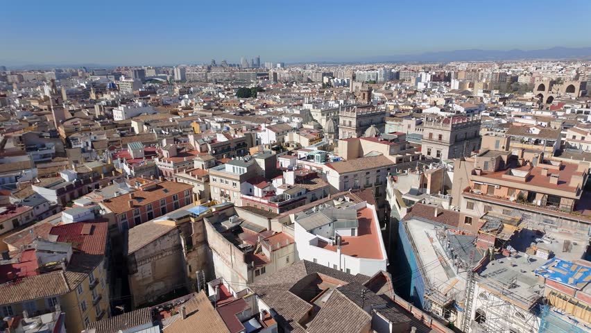 Aerial view of the city of Valencia with its Gothic cathedral and Plaza de la Virgen, Spain