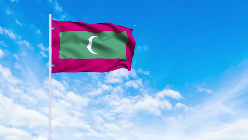 Flag of Maldives Waving in the wind, blue sky with clouds Background, Slow Motion, Realistic Animation, 4K