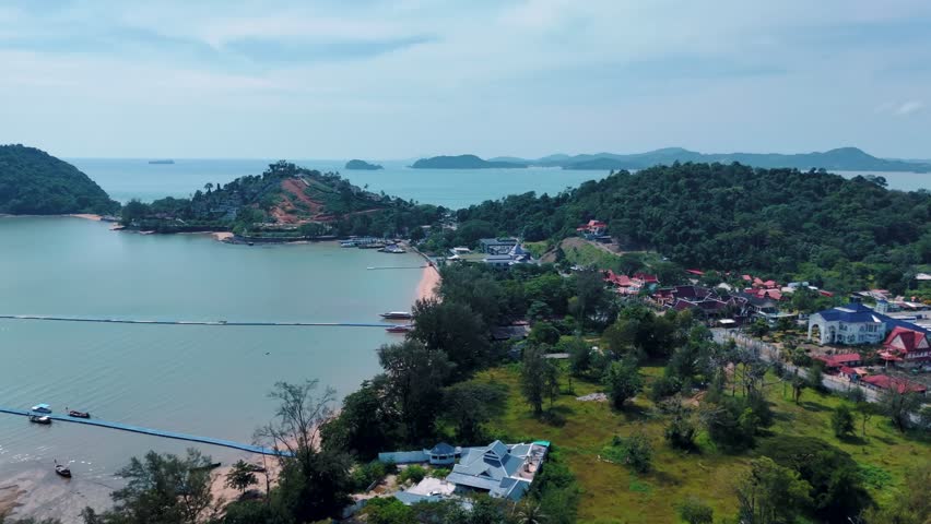 Aerial Siray Bay village beach mountains Phuket Thailand coastal landscape