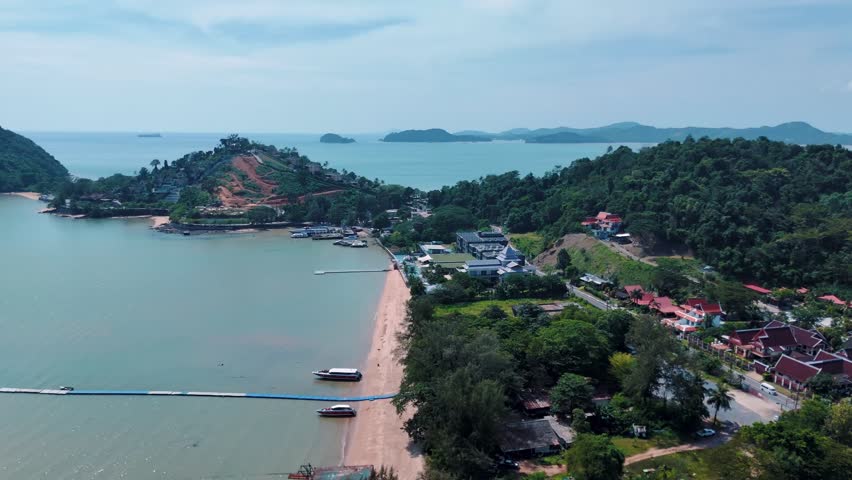 Aerial Siray Bay village beach mountains Phuket Thailand coastal landscape