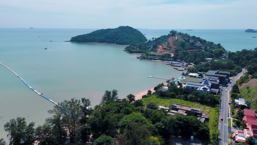 Aerial Siray Bay village beach mountains Phuket Thailand coastal landscape