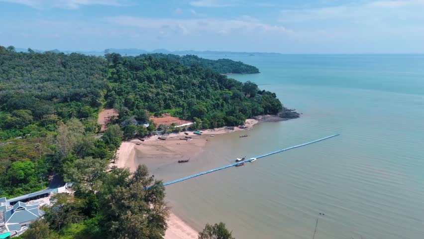 Aerial Siray Bay village beach mountains Phuket Thailand coastal landscape